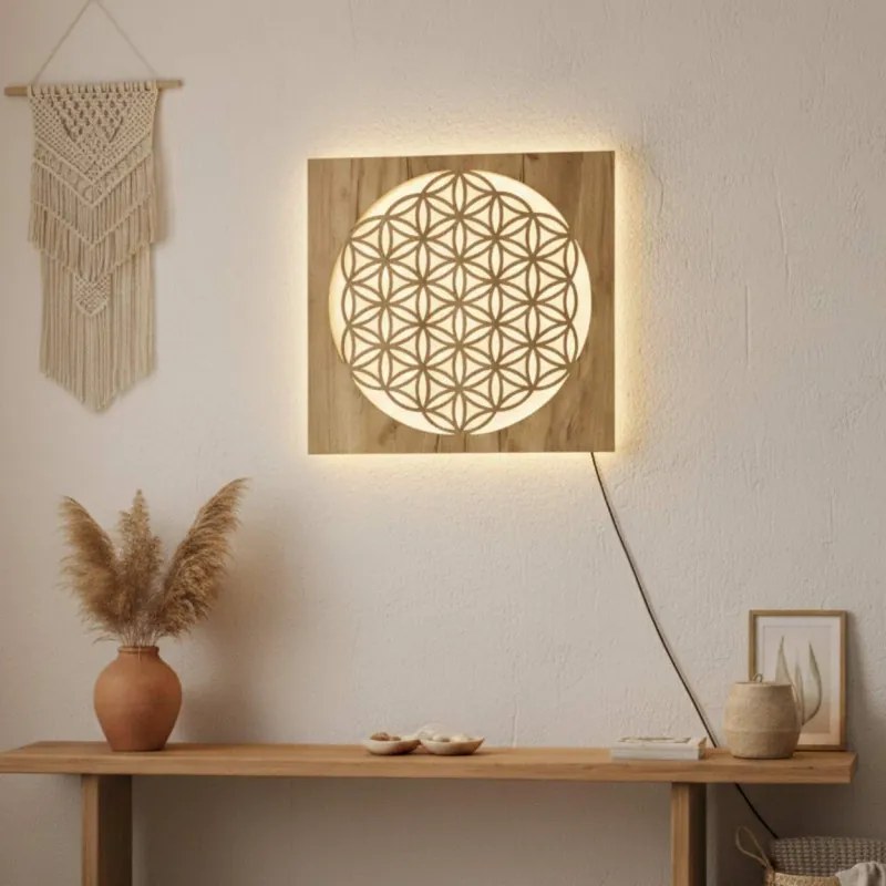 Háttérvilágítású fa festmény, Életvirág – LED mandala faldekoráció | MONEN