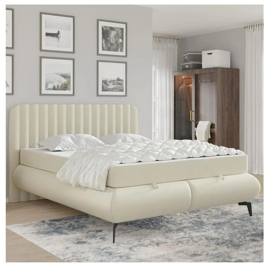 ALEXA bézs kárpitozott ágy matracokkal és ágyneműtárolóval 140x200 cm