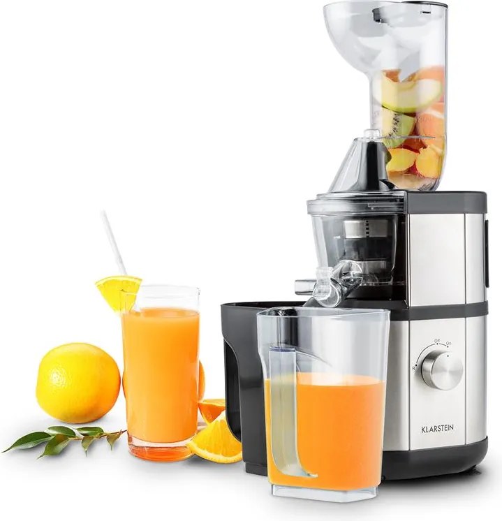 Klarstein Fruitberry, lassú gyümölcscentrifuga 400 W, 60 fordulat/perc, Ø 7,5 cm töltőcső, rozsdamentes acél