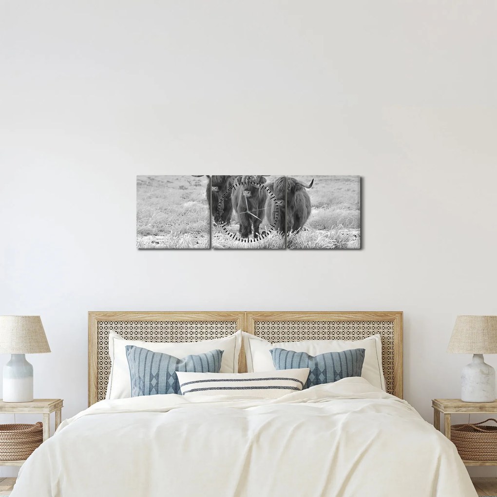 Kép - Skót tehenek, fekete-fehér (órával) (90x30 cm)