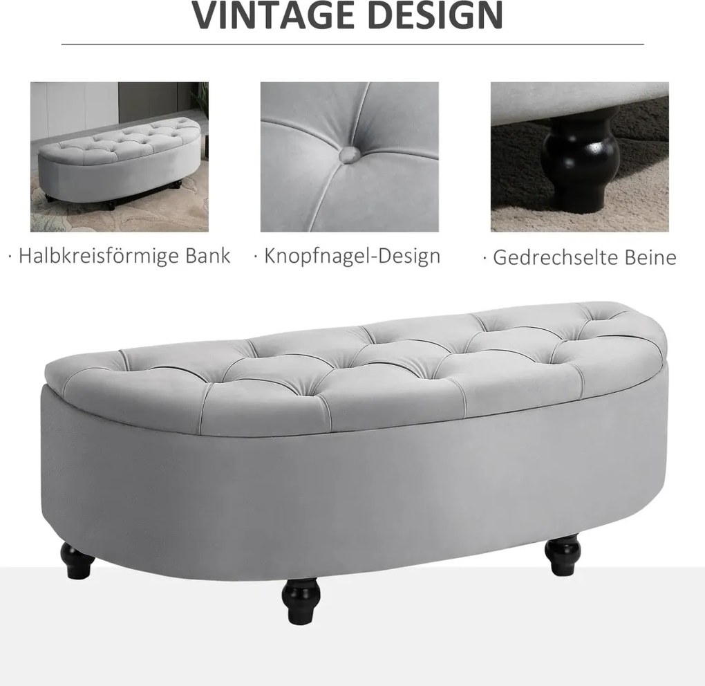 HOMCOM Tárolópad, Kárpitozott pad bársonyhatású bevonattal, tárolósláda falábakkal, 120 x 46 x 42 cm, szürke