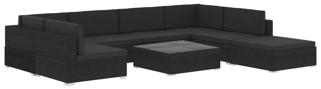 8 részes fekete polyrattan kerti ülőgarnitúra párnákkal