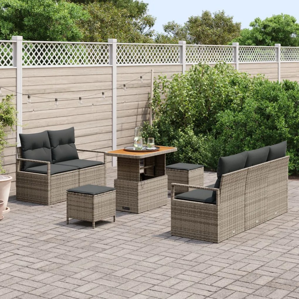 8 darabos Kertiszófakészlet Párnákkal Szürke Poli Rattan Akác, 2 fős Kertiszófa Tárolóval és Párnákkal Szürke Poli Rattan, 3 darabos Kerti Étkezőszett Párnákkal Szürke Poli Rattan Akác