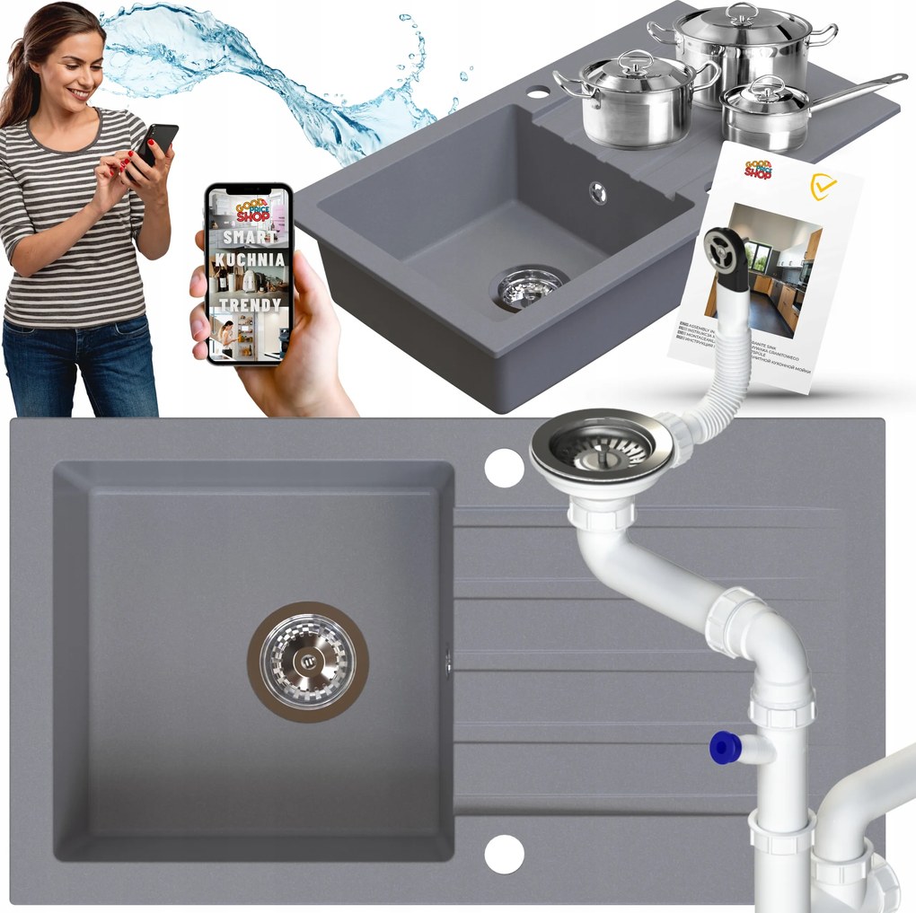Egymedencés Gránit Mosogató Hosszú Csepegtetővel Szürke +szifon Ajándék