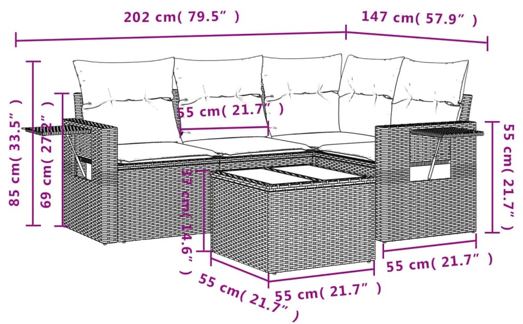 5 részes barna polyrattan kerti ülőgarnitúra párnával