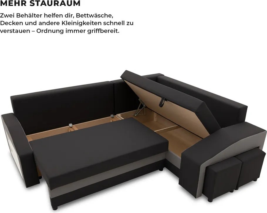 Grande sarokkanapé polcokkal és puffokkal , polc a bal karfaban puffok a jobb karfaban, jobboldali, szövet anyag, bonell töltet, fekete - szürke