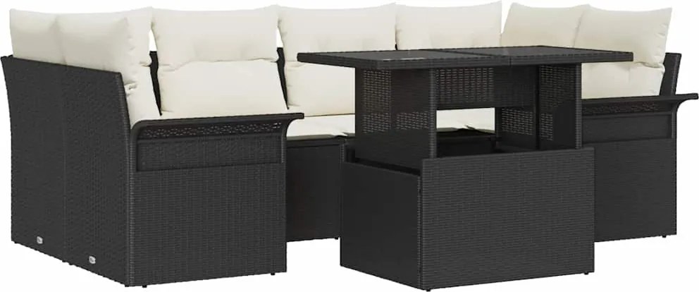 vidaXL Kerti Kanapé Szett párnával 7 pcs Fekete Poli rattan