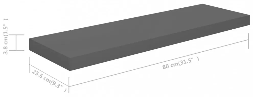 2 db magasfényű szürke MDF lebegő fali polc 80 x 23,5 x 3,8 cm