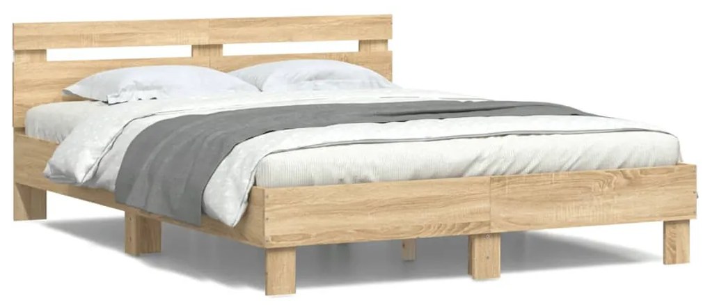 sonoma tölgy színű ágykeret fejtámlával és LED-del 140x190 cm