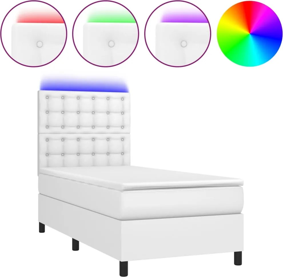 vidaXL fehér műbőr rugós ágy matraccal és LED-del 90x200 cm