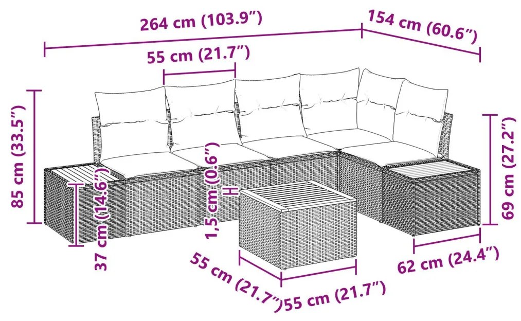6 Részes Kert Kanapé Szett Kárpitokkal Fekete Poli Rattan Akác