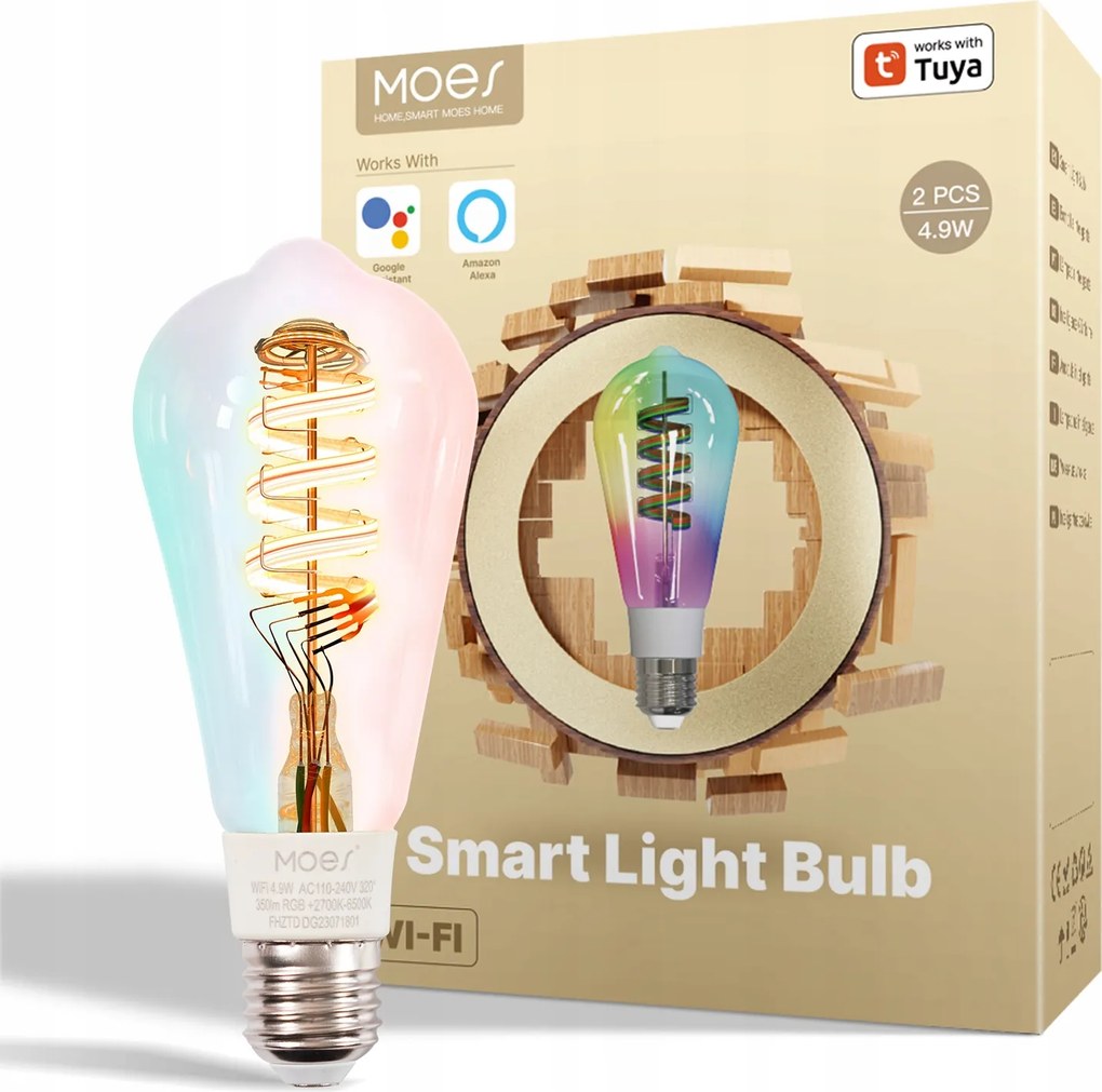 WiFi izzó Edison E27 Led Rgb Tuya Google Alexa Moes 4.9W filament