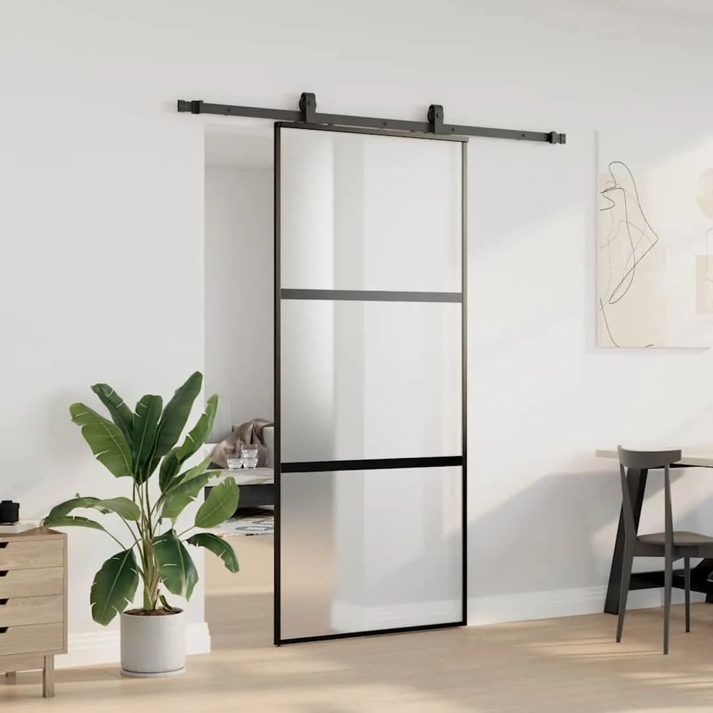 Fekete edzett üveg tolóajtó fémszerelék szettel 90x205 cm