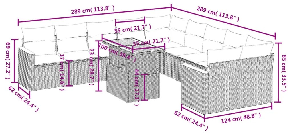 11 részes szürke polyrattan kerti ülőgarnitúra párnákkal