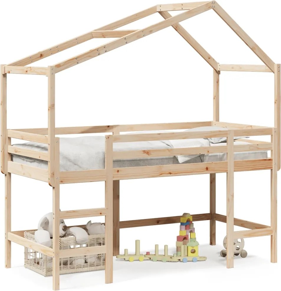 vidaXL tömör fenyőfa galériaágy létrával és tetővel 90 x 200 cm