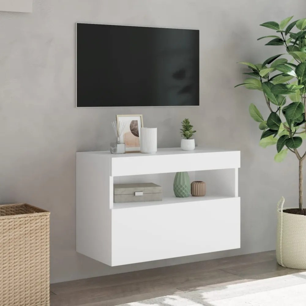 fehér falra szerelhető TV-szekrény LED-lámpákkal 60x30x40 cm