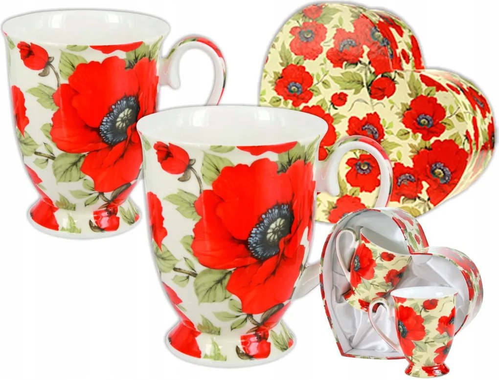 Csodálatos 2 db-os porcelán bögre szett Pipacs szív 300ml