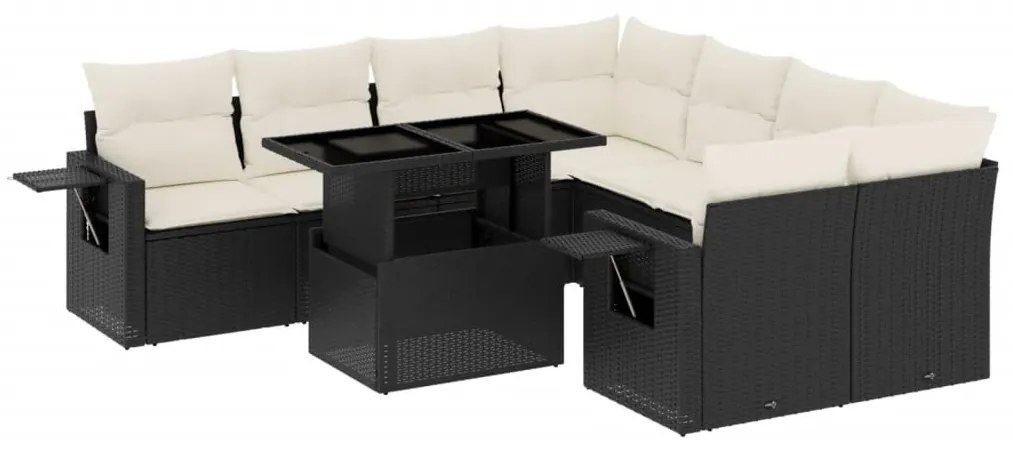 9 részes fekete polyrattan kerti ülőgarnitúra párnákkal