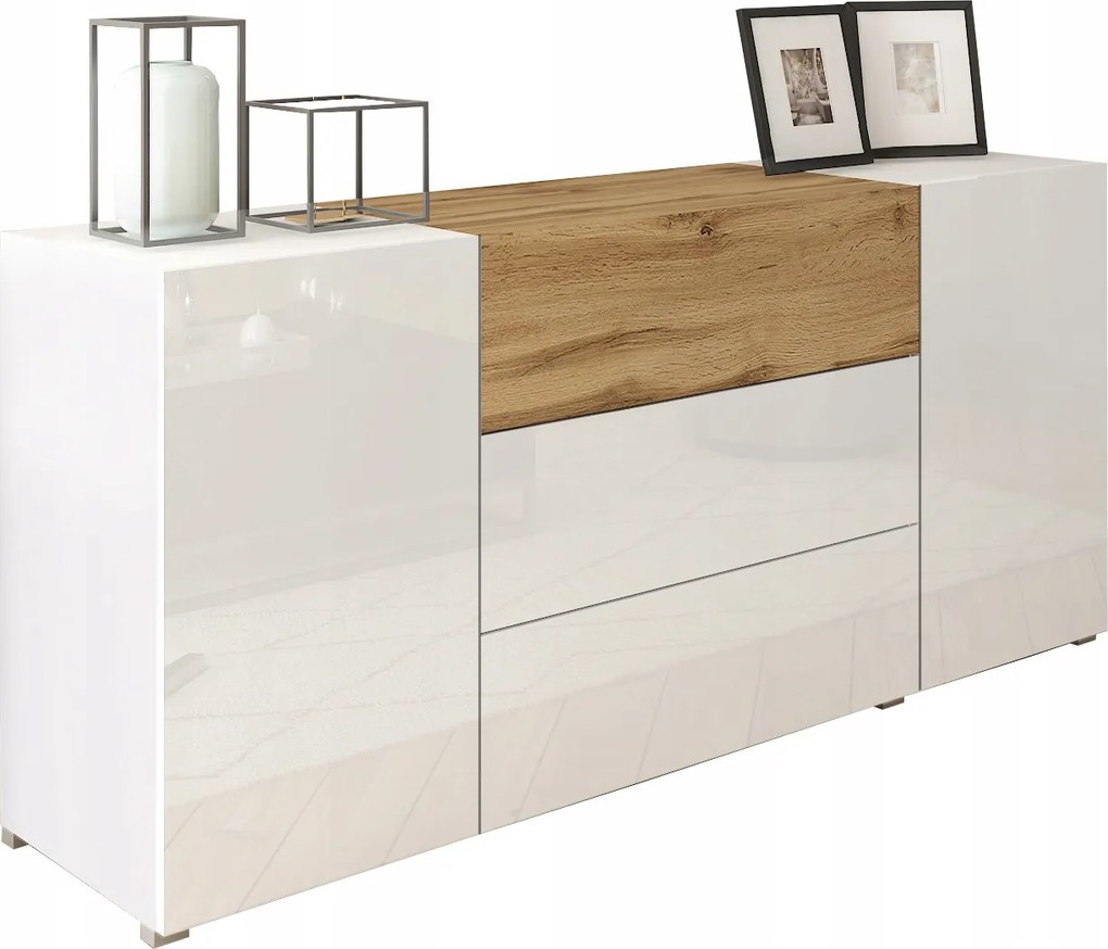 Berlin komód 150 cm fehér fényes/tölgy wotan modern 3 fiók +2 szekrény