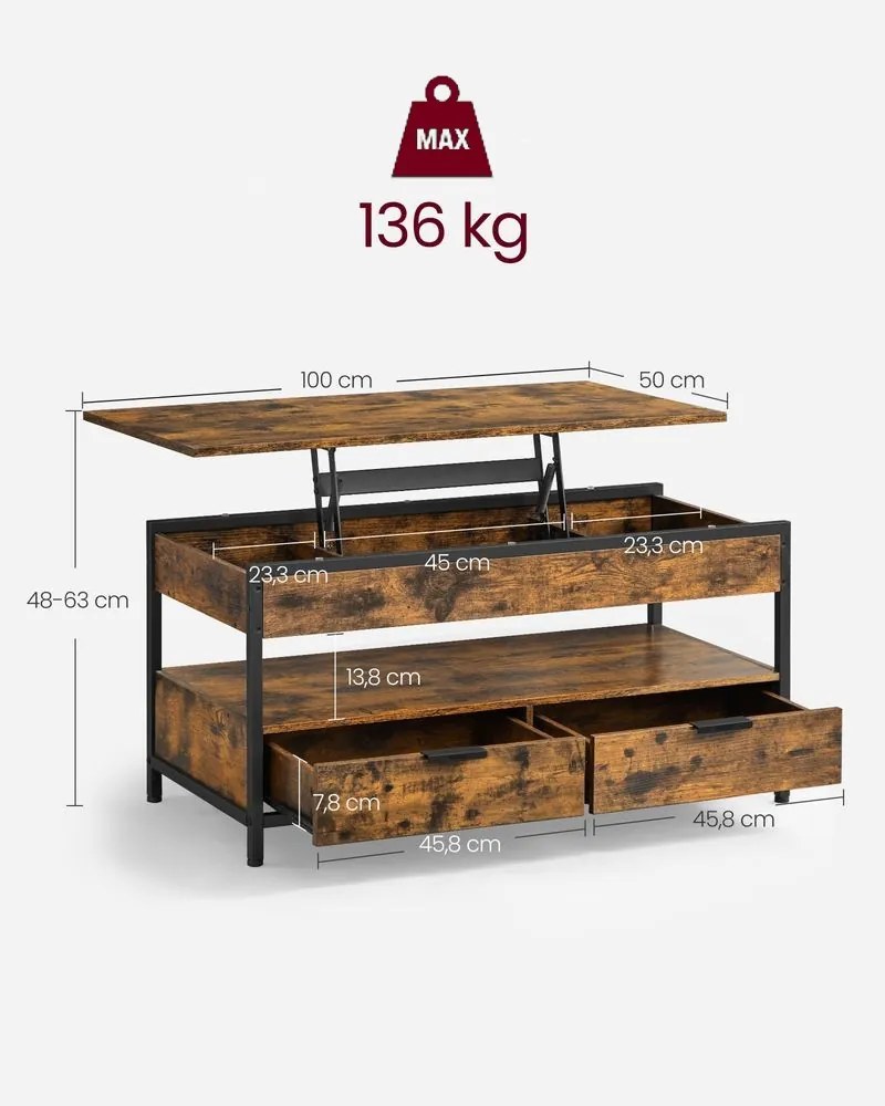 GASPAR állítható magasságú konferencia asztal, 50x100x(48-63)cm, barna/fekete Vasagle