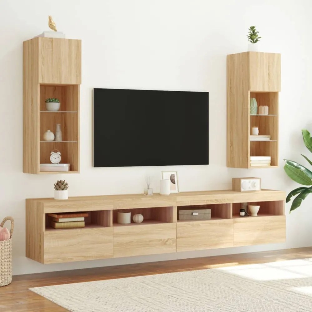 2 db sonoma tölgy színű TV-szekrény LED-ekkel 30,5x30x90 cm