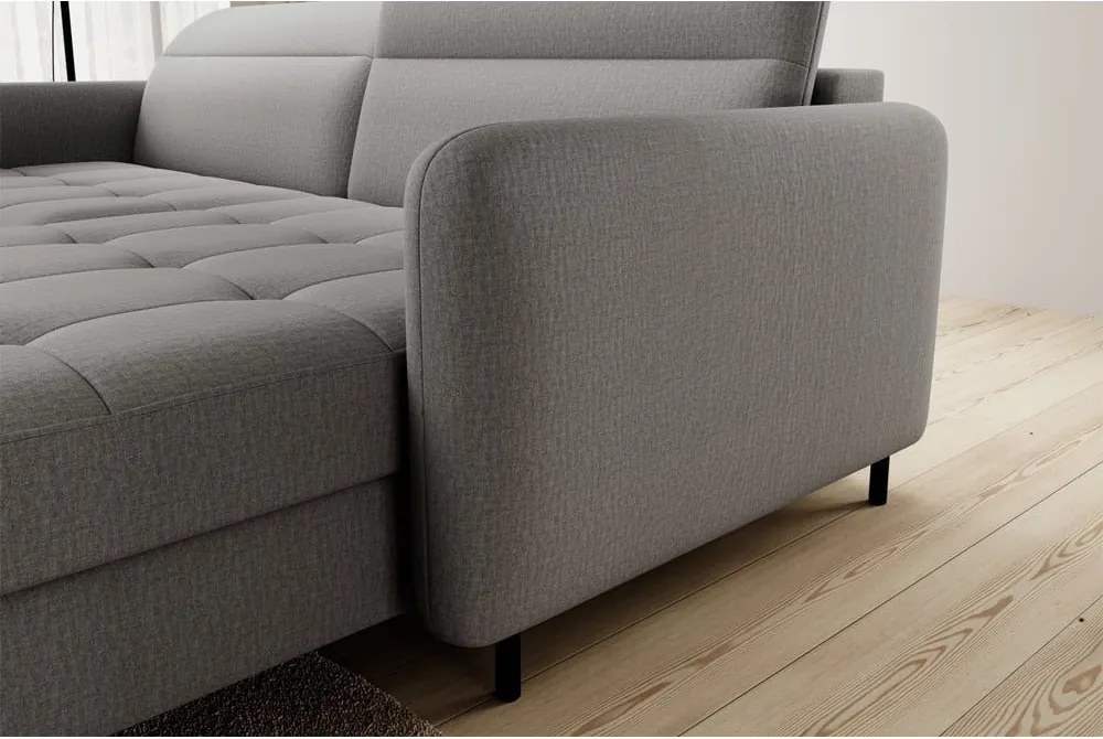 Szürke bársony kinyitható-tárolóhelyes sarokkanapé (jobb oldali-heverő résszel) Gomsi – ELTAP