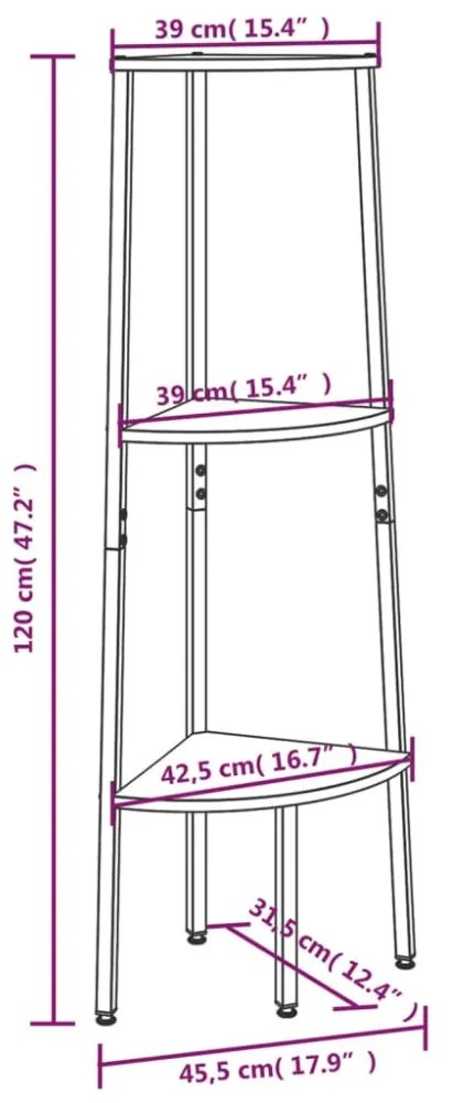 3 szintes világosbarna és fekete sarokpolc 45,5 x 31,5 x 120 cm
