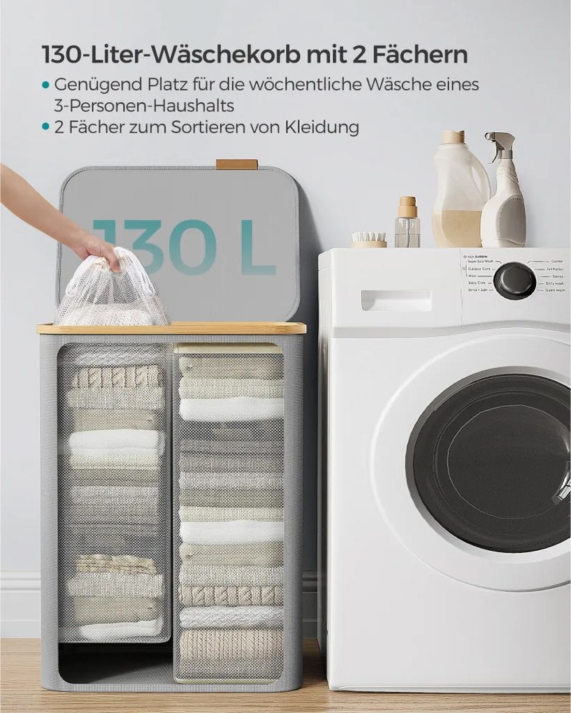 Szennyestartó, 2 rekesszel, levehető hálós béléssel, 130L, szürke, 52 x 38.5 x