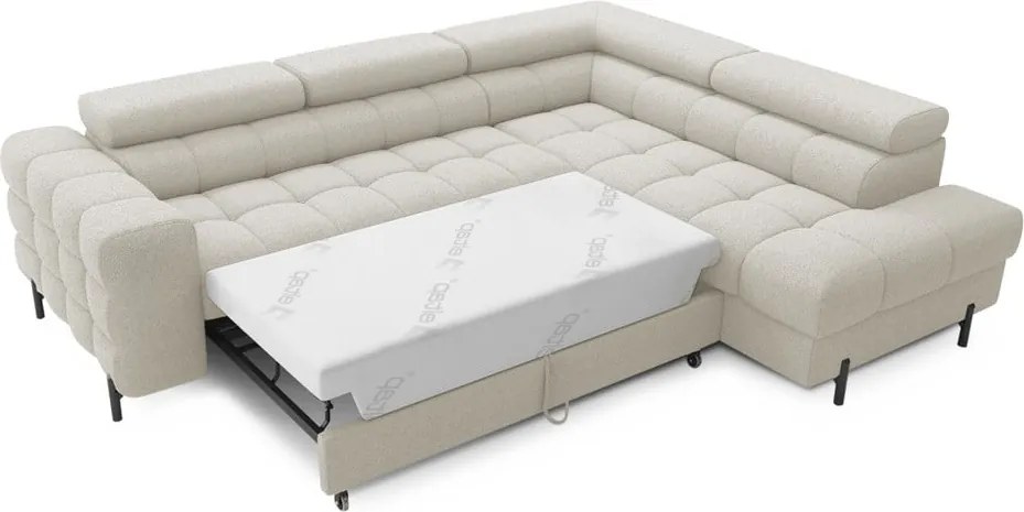 Krémszínű buklé kinyitható-tárolóhelyes sarokkanapé (jobb oldali-L alakú) Ferucce – ELTAP