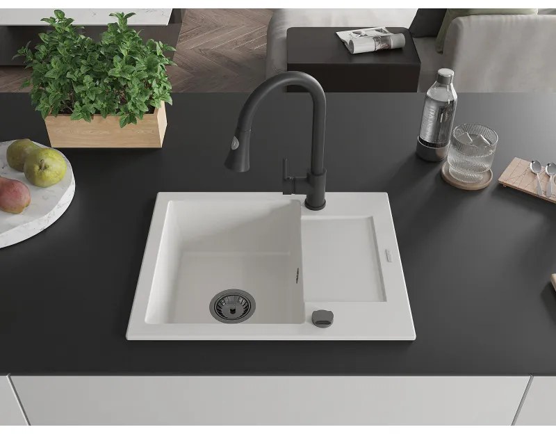 Mexen Enzo, 1 kamrás gránit mosogató 576x465x174 mm és Elia mosogató csaptelep, fehér, 6506-20-670101-70
