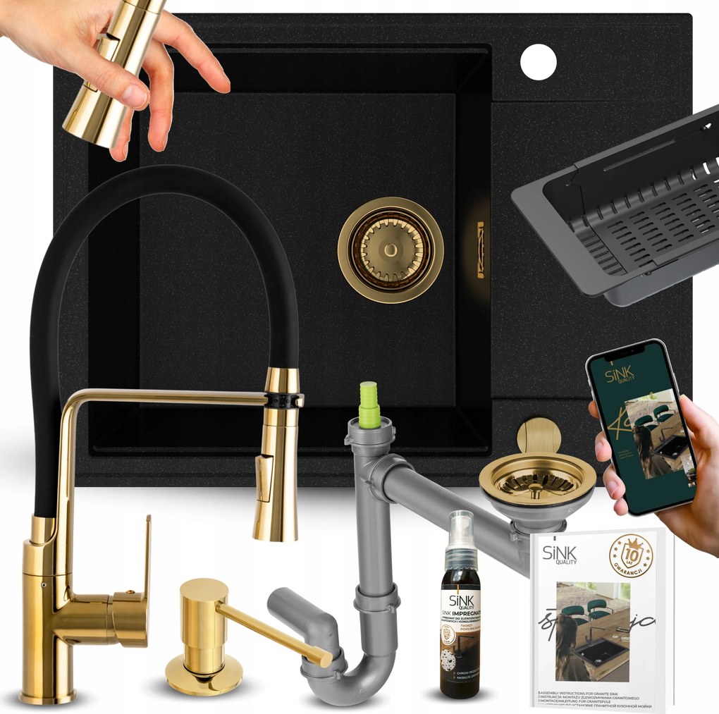 Egymedencés Gránit Mosogató Csepegtetővel, Csaptelep Adagolóval, Arany