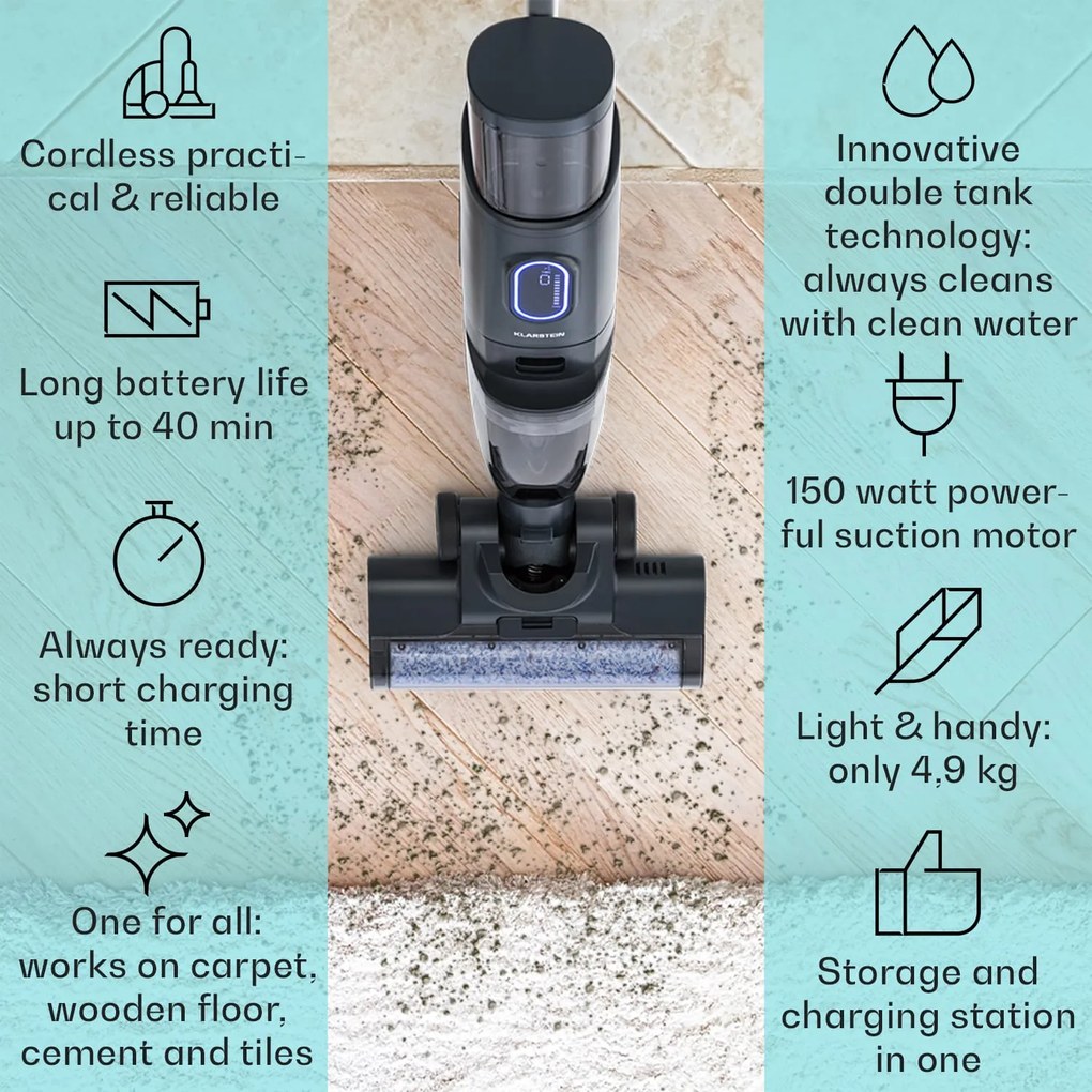 Klarstein Caswell Plus, vezeték nélküli, akkumulátoros, LED kijelző, nedves és száraz porszívózáshoz