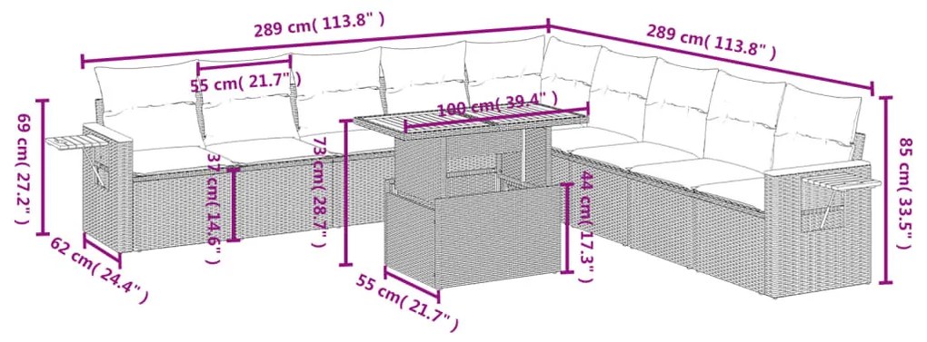 11 részes bézs polyrattan kerti ülőgarnitúra párnákkal