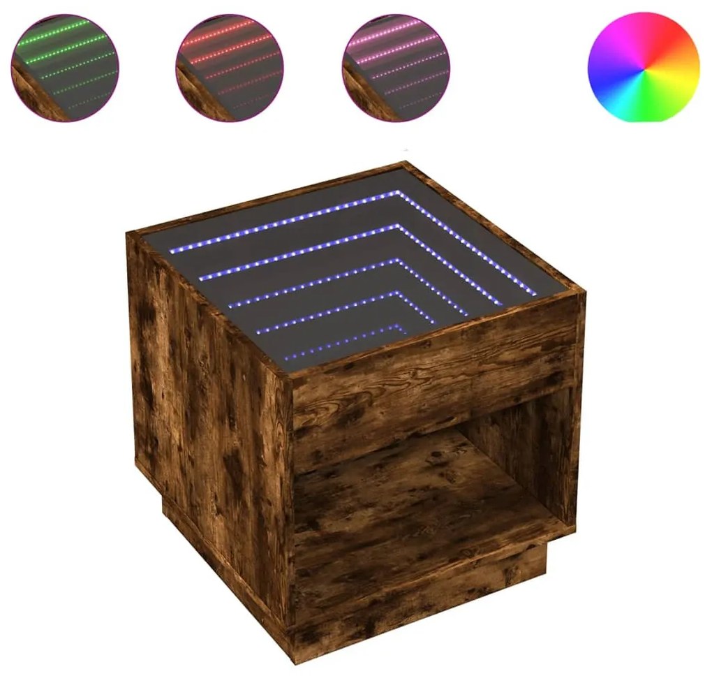 Füstös tölgy végtelen hatású LED-es dohányzóasztal 50x50x50 cm