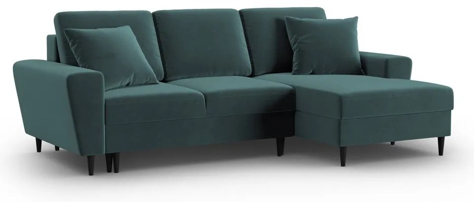 Petróleum színű bársony kinyitható tárolóhelyes sarokkanapé (jobb oldali-heverő résszel) Kyoto – Cosmopolitan Design