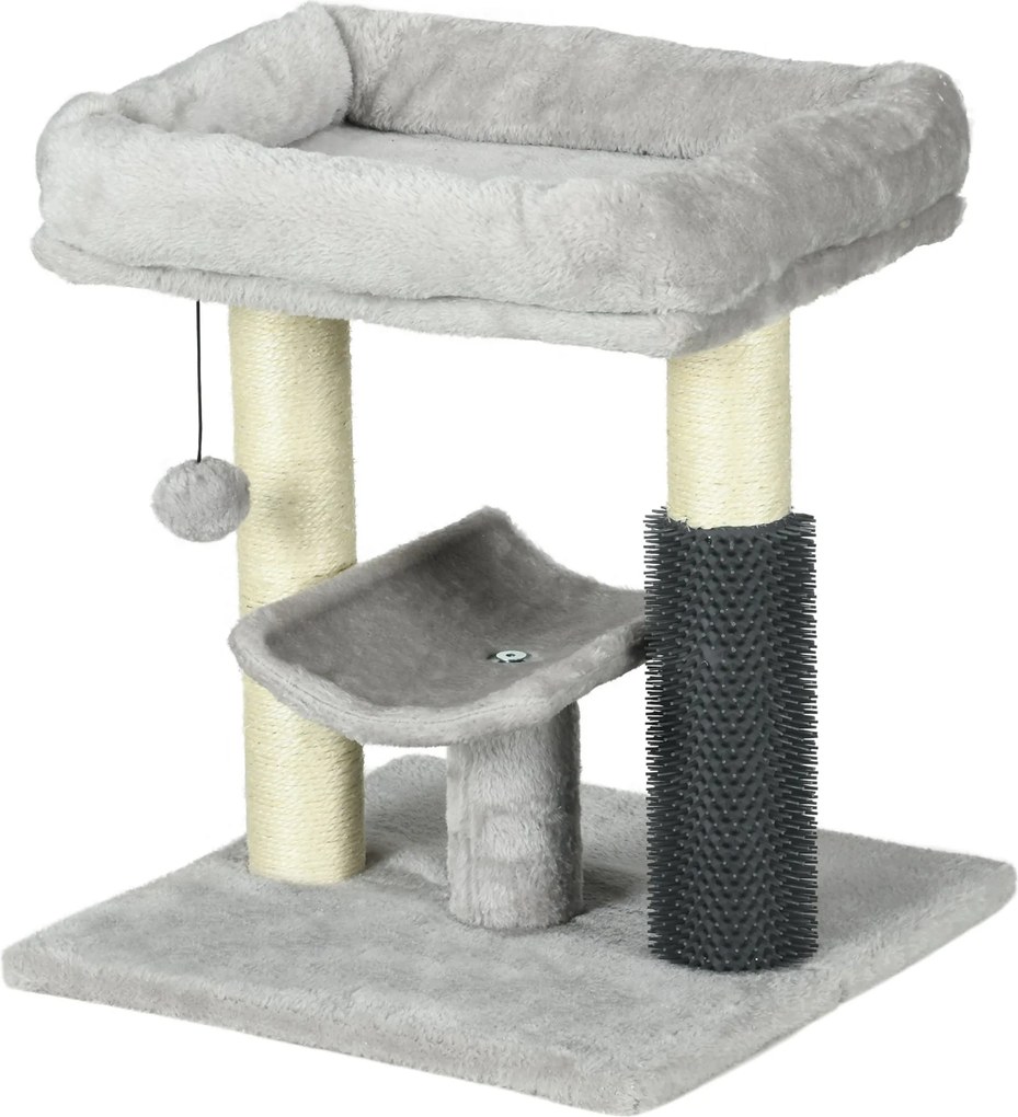 PawHut Macska Karcoló Fába Álló Macska Fa 48 cm Magasságú 2 Karcoló Oszloppal, U-Alakú Platform Ággyal és Lógó Labdával Szürke | Aosom