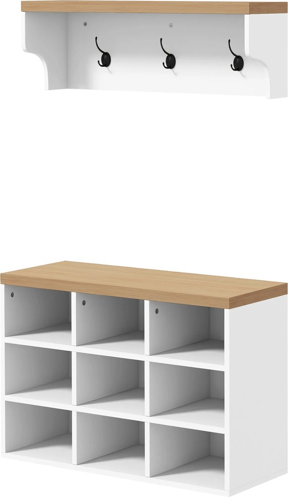 HOMCOM Előszoba Kabát állvány és Cipő Padozat 2 az 1-ben Előszobai Bútor 3 Fogantyúval és Polcokkal 9 Pár Cipőnek 75x30x50 cm és 75x20x22.5 cm Fehér |