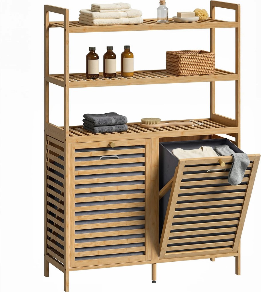 HOMCOM bambusz fürdőszobaszekrény mosókosarakkal — 3 polc, 2 levehető textilkosár, 80 x 30 x 118 cm, tölgy | Aosom