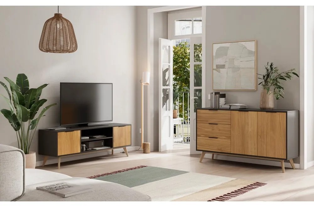 Fekete-natúr színű borovi fenyő TV-állvány 140x53 cm Lavis – Marckeric