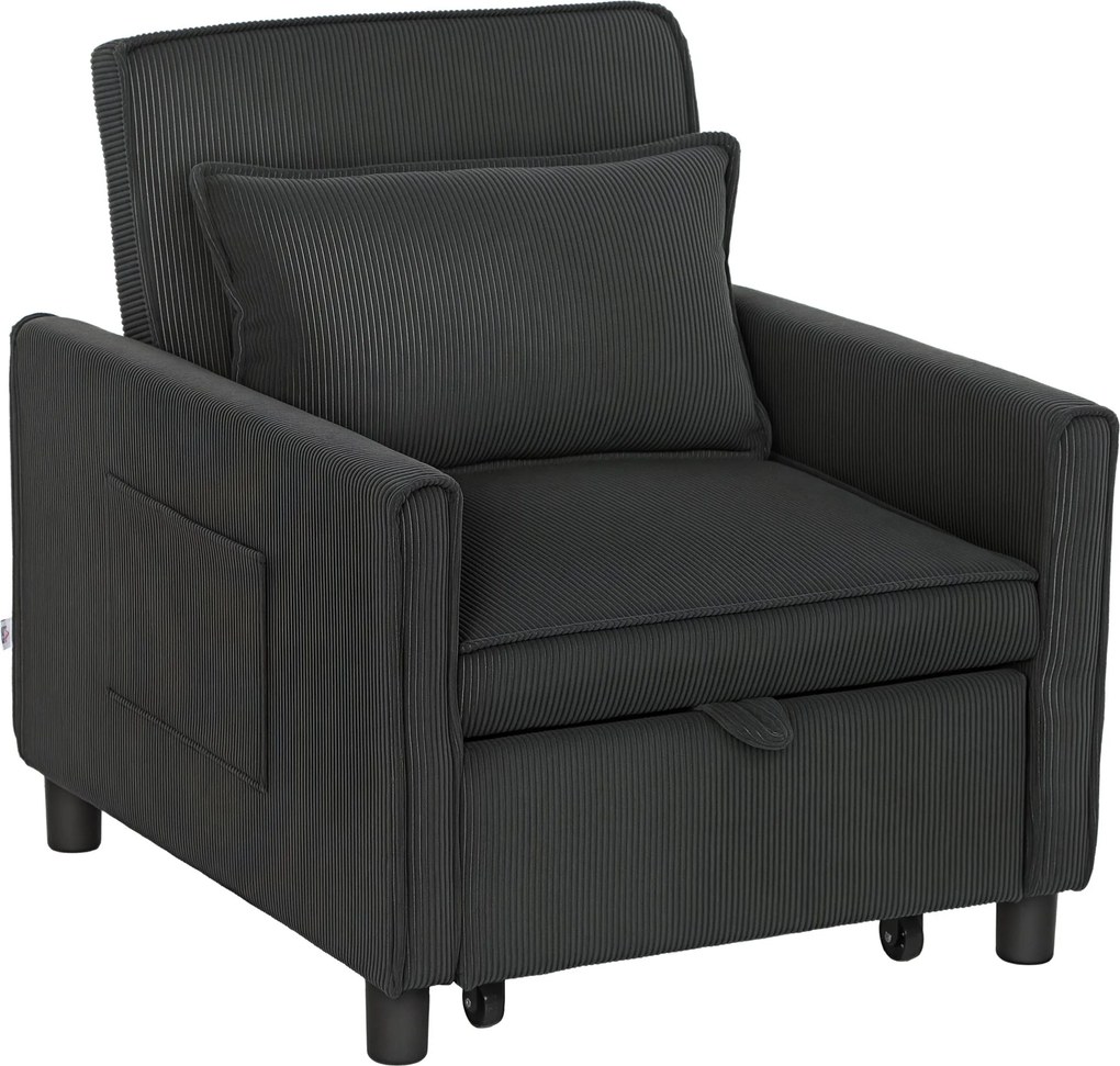 HOMCOM 3 az 1-ben Fektethető Kanapé Oldalzsebekkel és Dőlésszögbe Állítható Háttámlával, Modern Átalakítható Kanapé Fektethető Kanapénak vagy Egyszemé