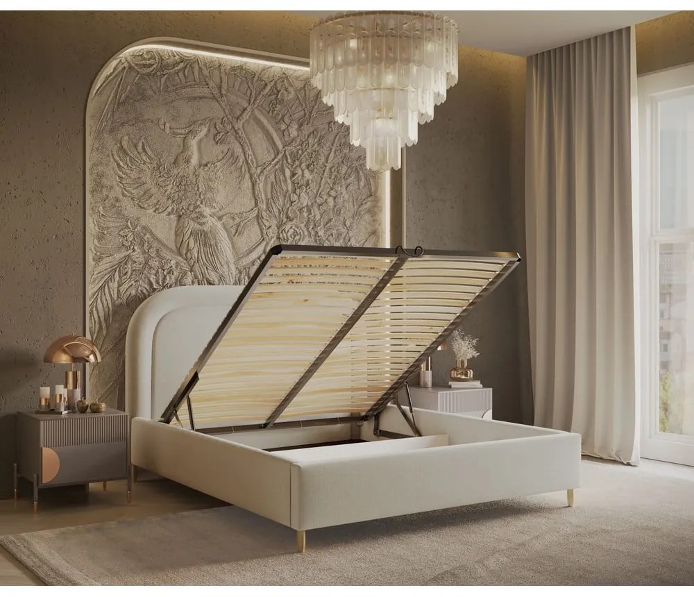 Krémszínű kárpitozott ágyneműtartós franciaágy ágyráccsal 160x200 cm Mija – Maison de Rêve