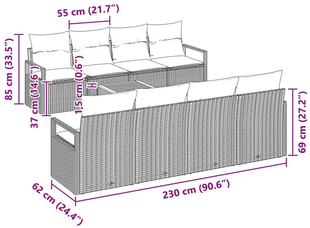 9 részes kertibútor szett párnákkal Bézs Poli Rattan Akácia, 2 személyes kertibútor párnákkal Bézs Poli Rattan