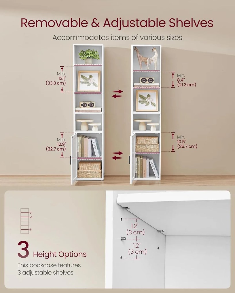 Könyvespolc, 6-szintes Magas Könyvespolc ajtóval, 24 x 31,8 x 175 cm, Felhőfehér
