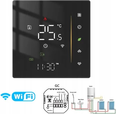 Termosztát Led WiFi Tuya víz gázbojler fűtés Gc 5A 95~240V fekete