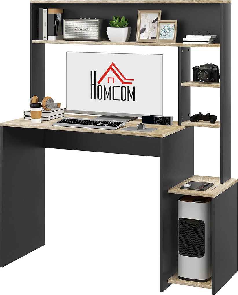 HOMCOM Modern Íróasztal Polcokkal Monitor Állvány CPU Iroda Tanulás 114x45x138 cm Szürke és Natúr | Aosom