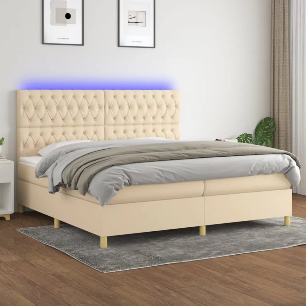 krémszínű szövet rugós és LED-es ágy matraccal 200 x 200 cm