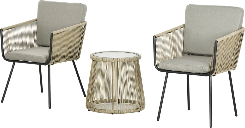 Outsunny 3 részes PE Rattan és Acél Kert Szett, 2 szék mosható párnákkal, karfával, üveg tetejű kávézó asztal, erkély, terasz bútor szett, Kávé/Fény G