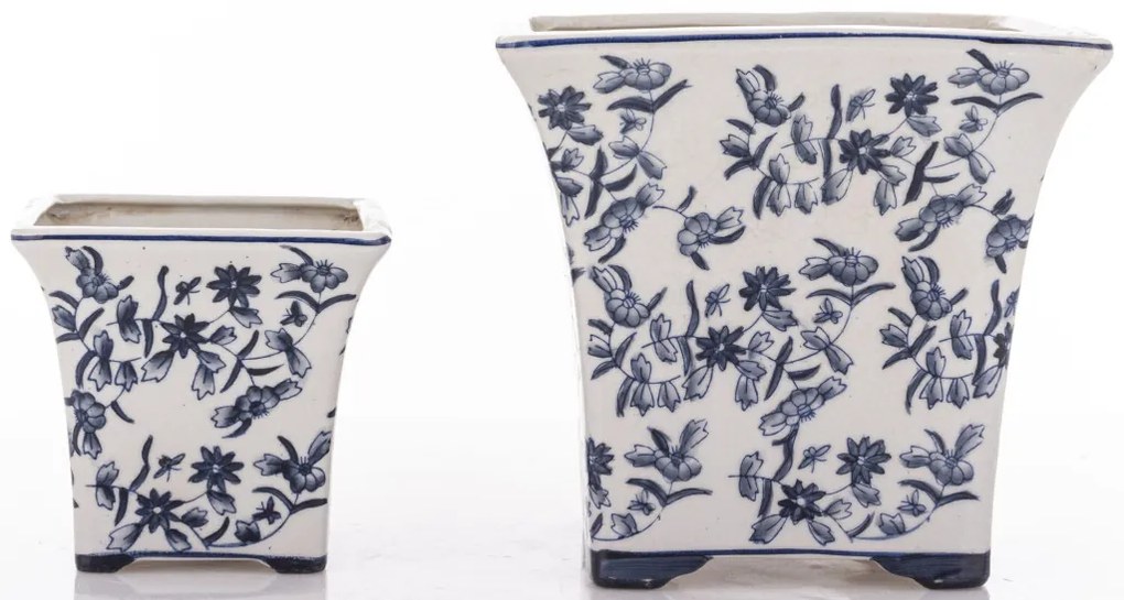 Törtfehér vintage szögletes porcelán 2db-os virágtartó kaspó szett kék virágokkal festve 11x12x12 / 17,5x18,5x18,5cm