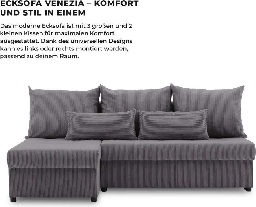 Venezia sarokkanapé, kordbársony, univerzális oldal, hab töltet, szürke