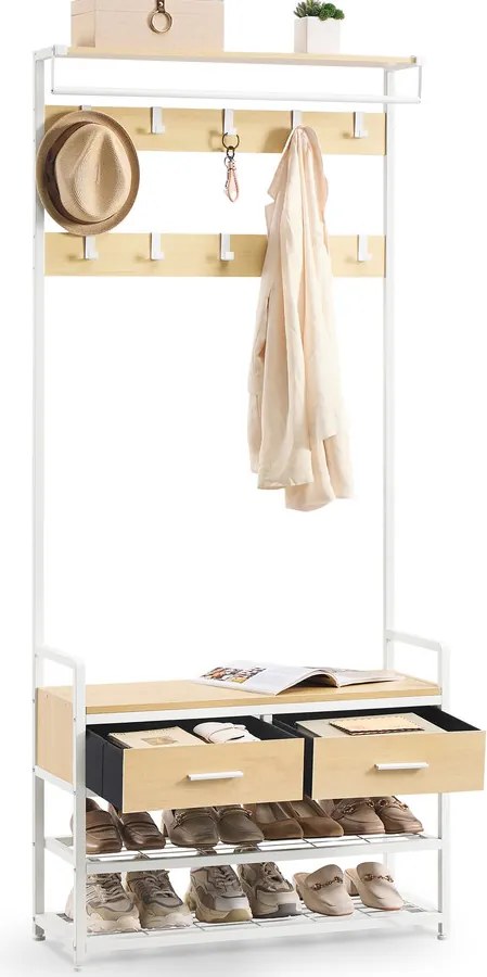 Kabátállvány cipőpaddal, 2 fiók, 10 akasztó, matt arany tölgy